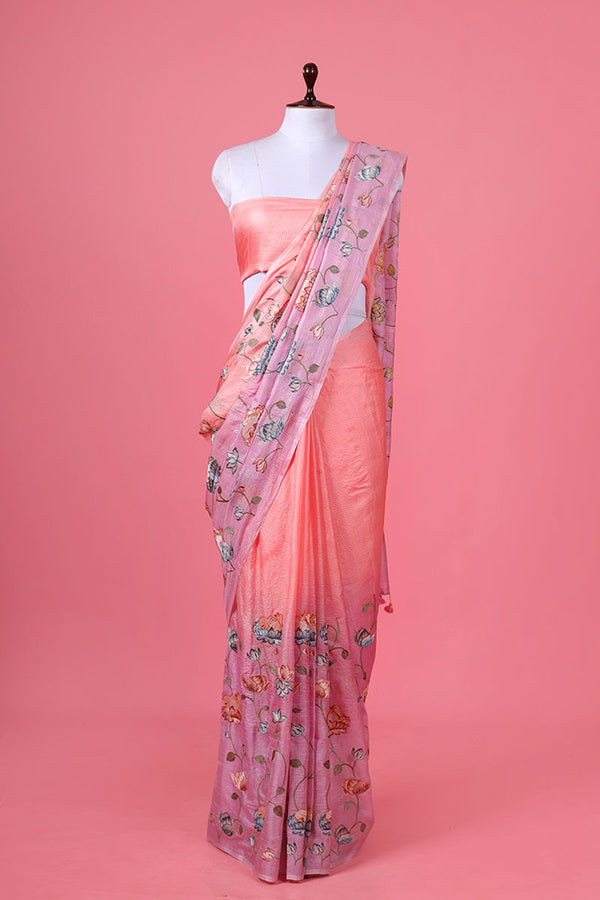 Peach & Pink Kota Doria Saree By Chinaya Banaras