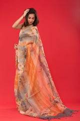 Peach & Grey Embellished Organza Silk Saree - Chinaya Banaras