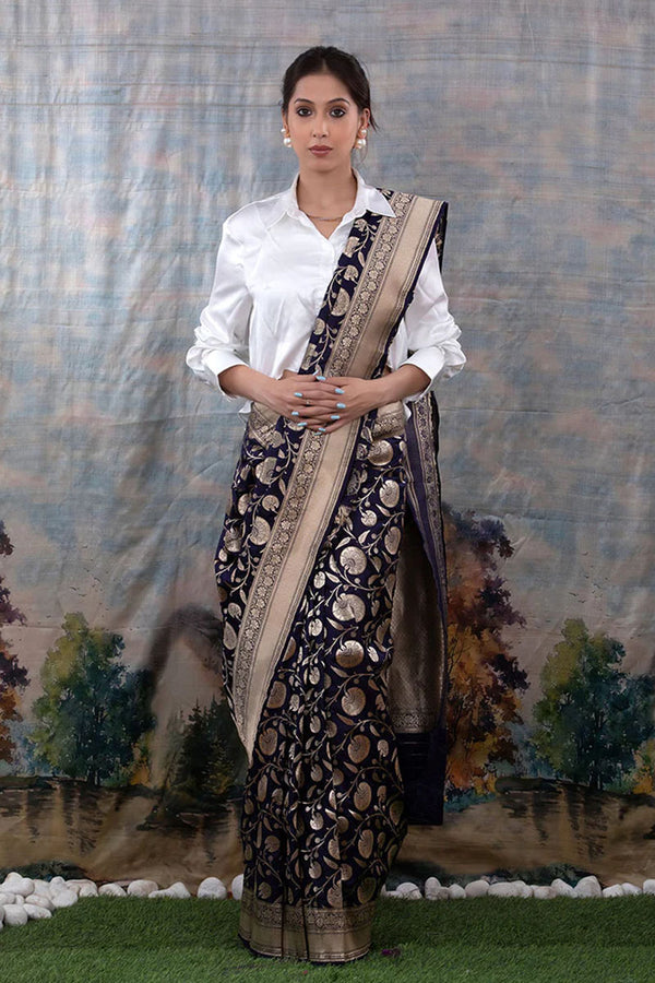 Women In Navy Blue Handwoven Banarasi Katan Silk Saree At Chinaya Banaras