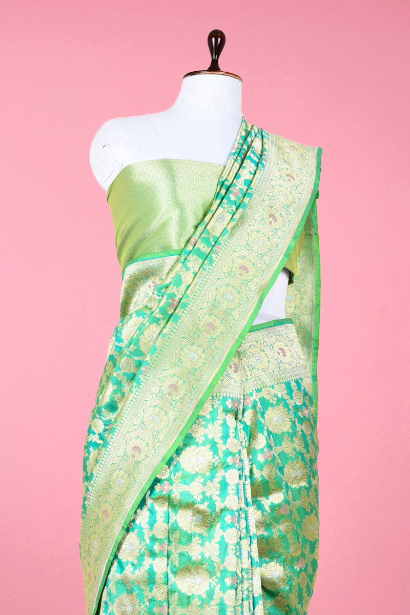 Spring Green Handwoven Meenadar Banarasi Katan Silk Saree - Chinaya Banaras