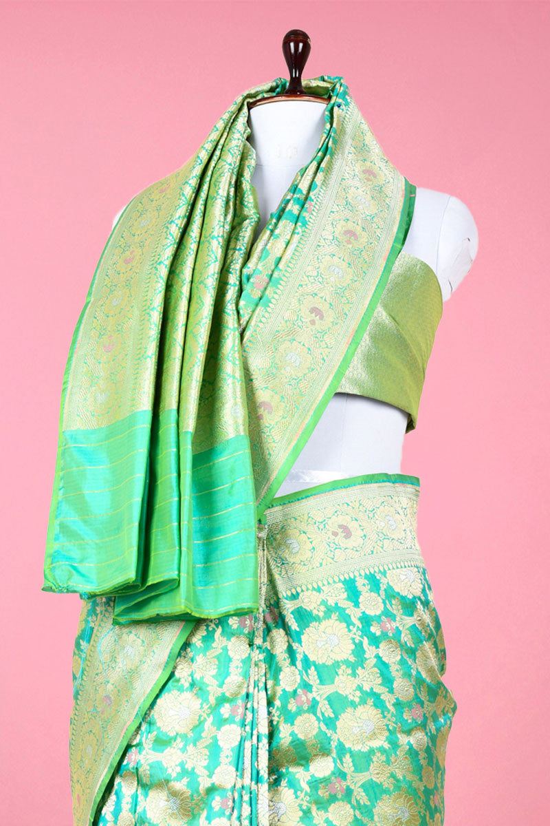 Spring Green Handwoven Meenadar Banarasi Katan Silk Saree - Chinaya Banaras