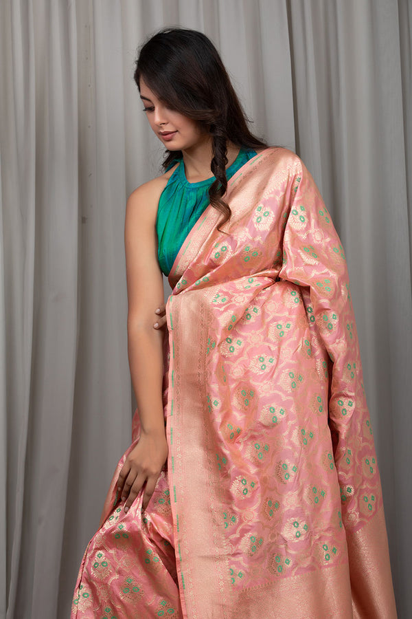 Crepe Pink Handwoven Meenadar Banarasi Silk Saree