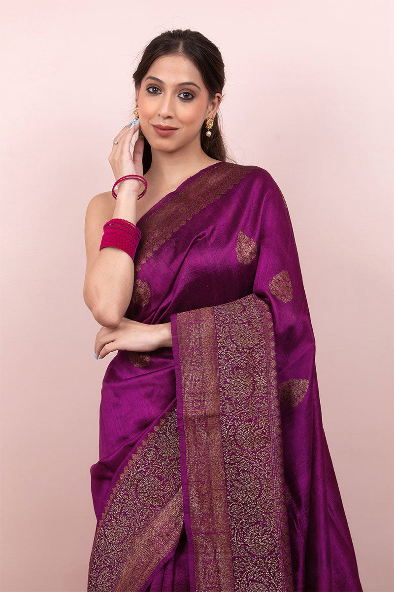 Purple Handloom Raw Silk Saree by Chinaya Banaras