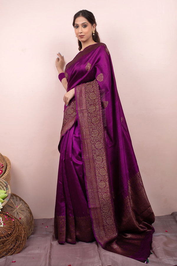Women In Purple Handloom Raw Silk Saree At Chinaya Banaras
