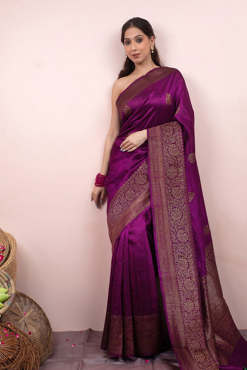 Sangria Purple Handwoven Raw Silk Saree - Chinaya Banaras