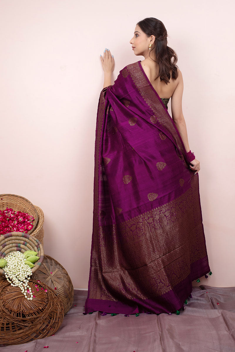 Sangria Purple Handwoven Raw Silk Saree - Chinaya Banaras