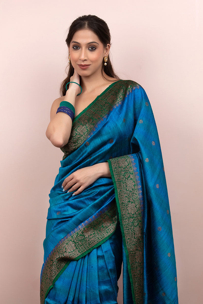 Women in Blue Raw Silk Saree at Chinaya Banaras