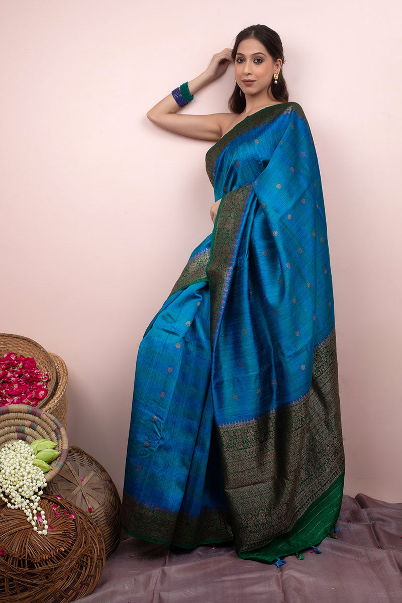 Women in Blue Raw Silk Saree at Chinaya Banaras