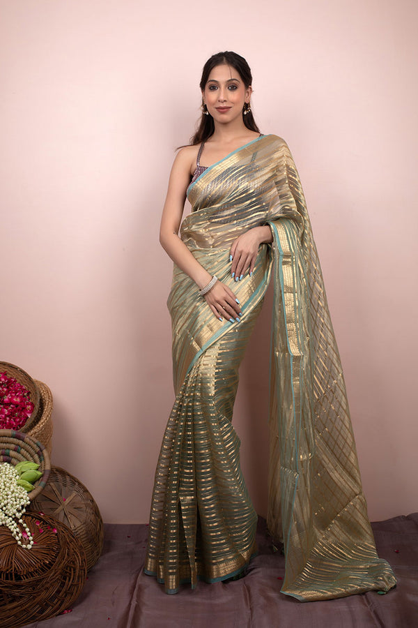 Sage Green Striped Handwoven Tissue Silk Saree