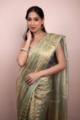 Sage Green Striped Handwoven Tissue Silk Saree - Chinaya Banaras