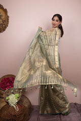 Sage Green Striped Handwoven Tissue Silk Saree
