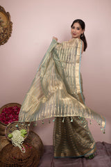 Sage Green Striped Handwoven Tissue Silk Saree - Chinaya Banaras