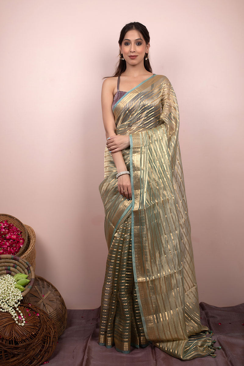 Sage Green Striped Handwoven Tissue Silk Saree - Chinaya Banaras