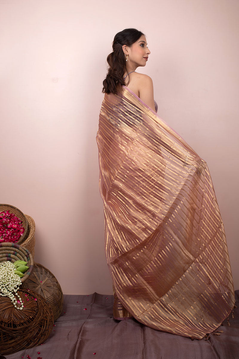 Lilac Striped Handwoven Tissue Silk Saree