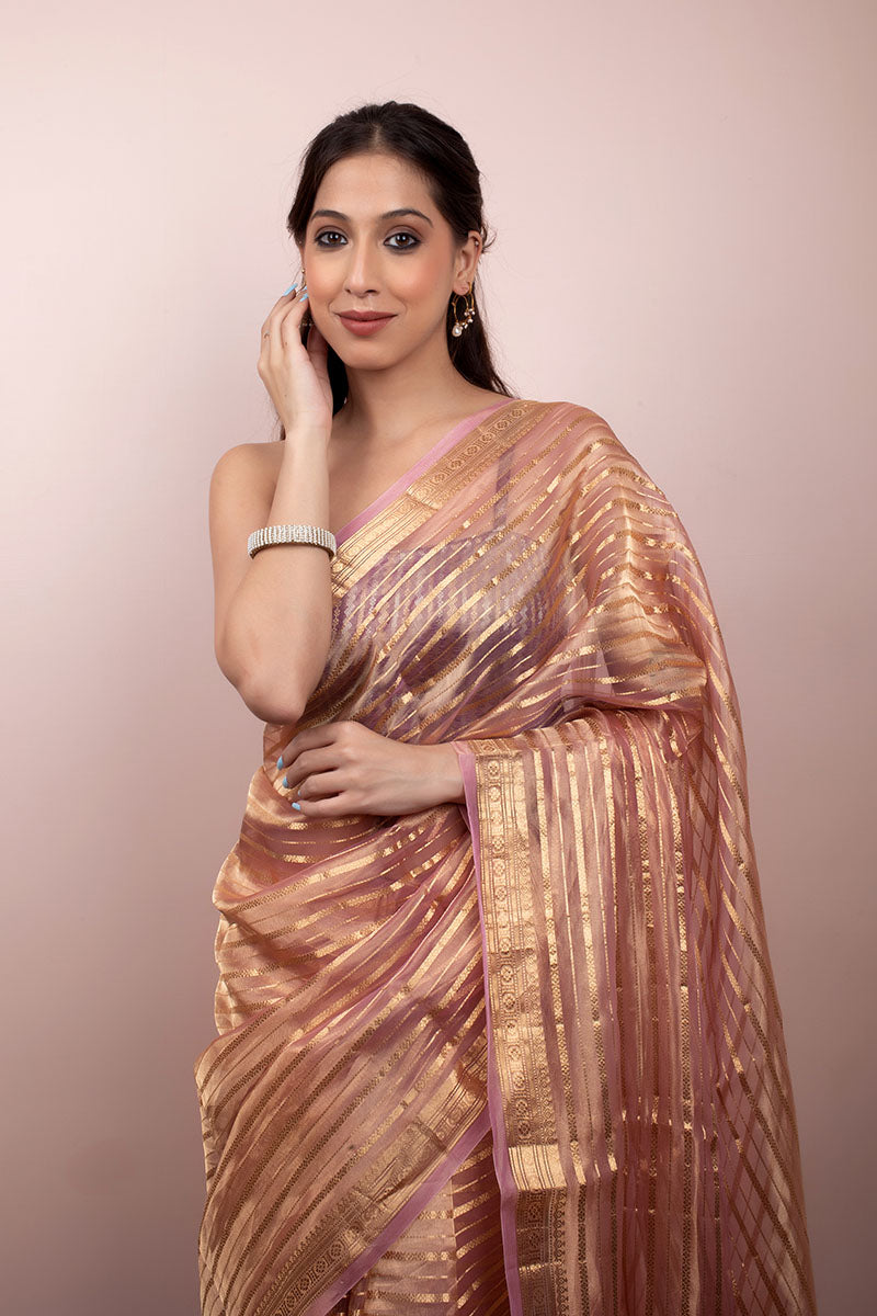Lilac Striped Handwoven Tissue Silk Saree