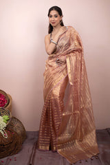 Lilac Striped Handwoven Tissue Silk Saree At Chinaya Banaras