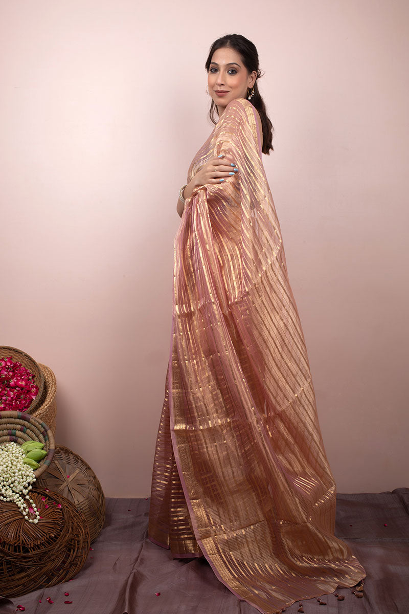 Lilac Striped Handwoven Tissue Silk Saree - Chinaya Banaras