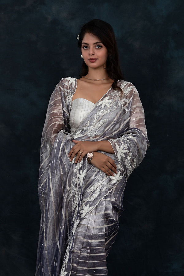 Silver Grey Embelliished Tissue Silk Saree