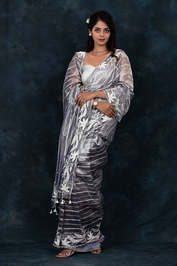 Silver Grey Embelliished Tissue Silk Saree