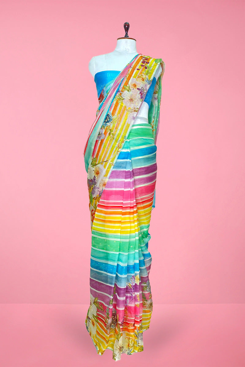 Multicolored Embellished Organza Silk Saree By Chinaya Banaras