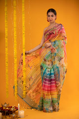 Multicolored Embellished Organza Silk Saree