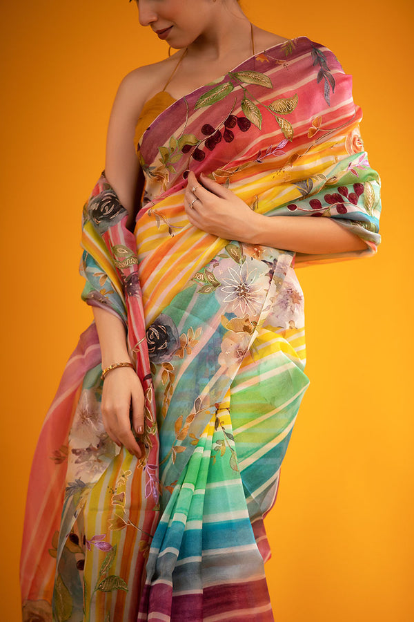 Multicolored Embellished Organza Silk Saree