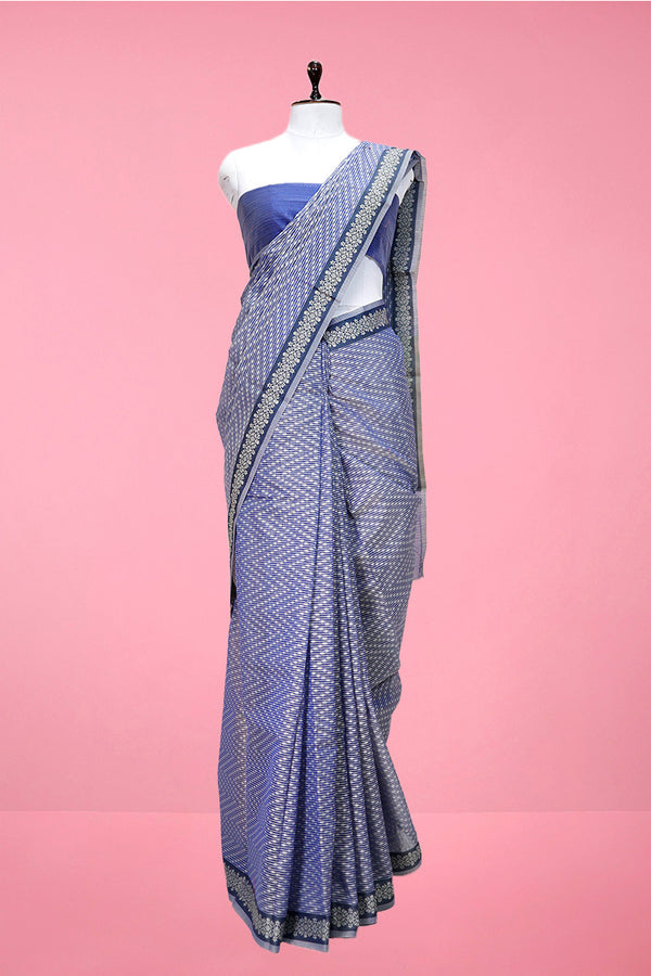 Chambery Blue Striped Woven Banarasi Cotton Saree By Chinaya Banaras 
