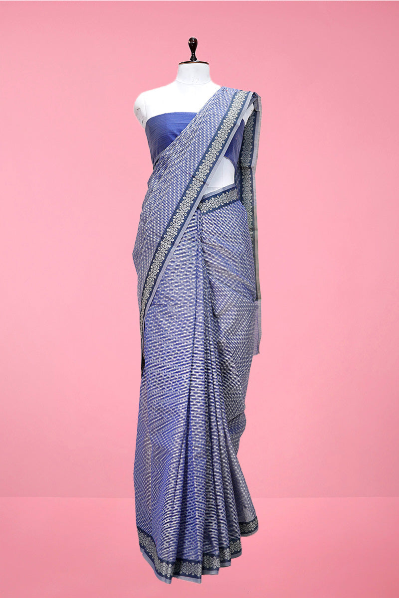 Chambery Blue Striped Woven Banarasi Cotton Saree By Chinaya Banaras