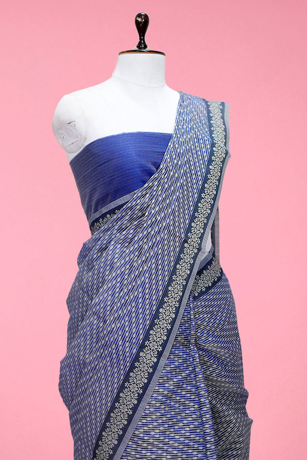 Chambery Blue Striped Woven Banarasi Cotton Saree - Chinaya Banaras