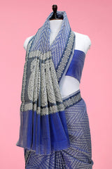 Chambery Blue Striped Woven Banarasi Cotton Saree - Chinaya Banaras