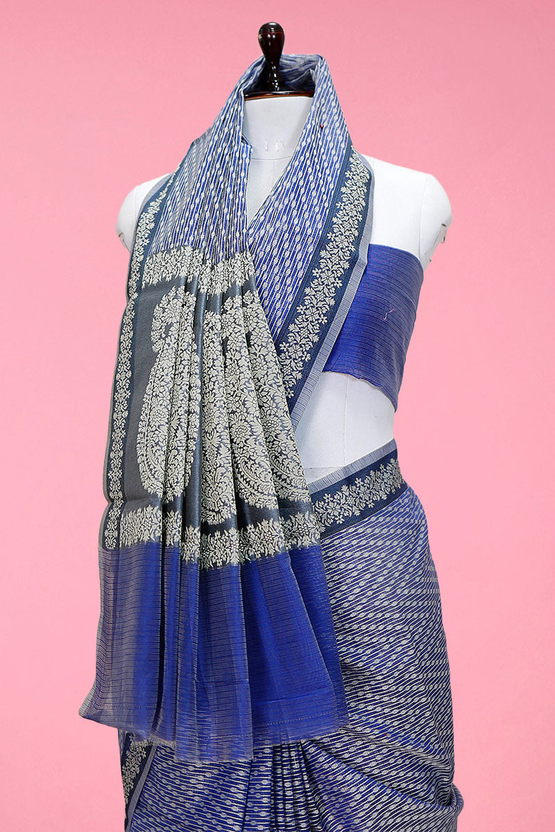 Chambery Blue Striped Woven Banarasi Cotton Saree
