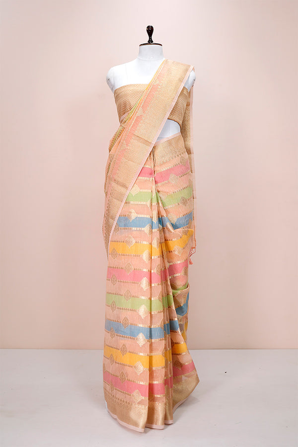 Rose Peach Rangkat Woven Banarasi Cotton Saree By Chinaya Banaras