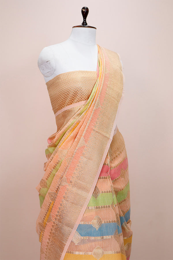 Rose Peach Rangkat Woven Banarasi Cotton Saree
