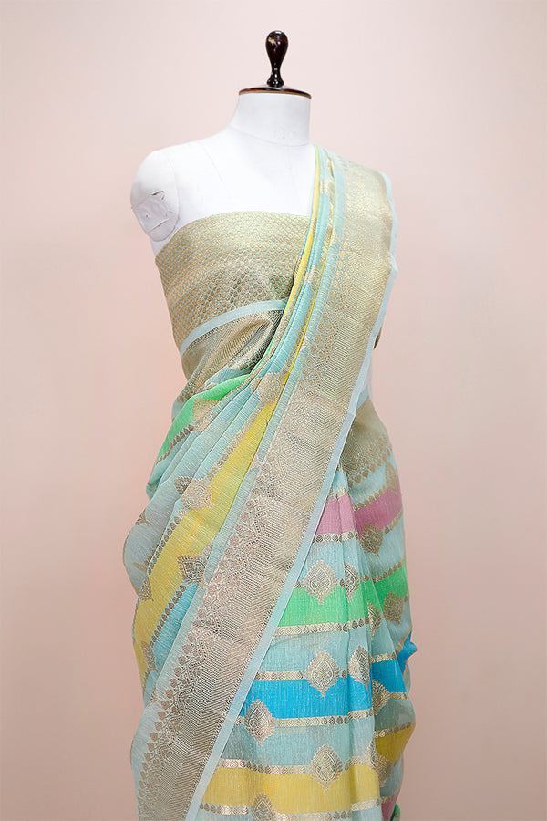 Baby Blue Rangkat Woven Banarasi Cotton Saree