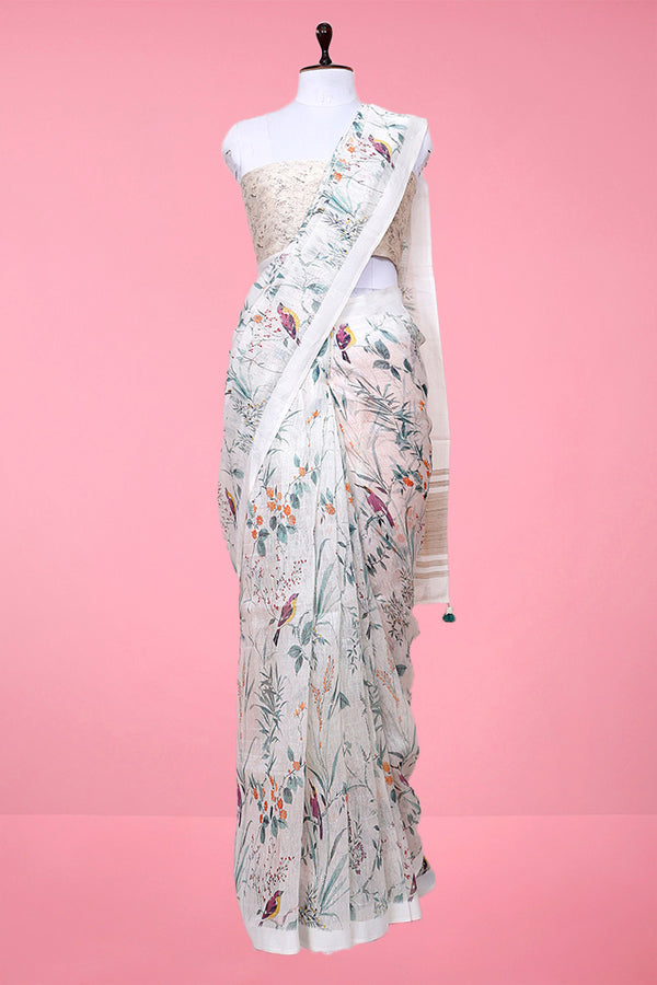 Daisy White Floral Digital Printed Linen Saree By Chinaya Banaras 