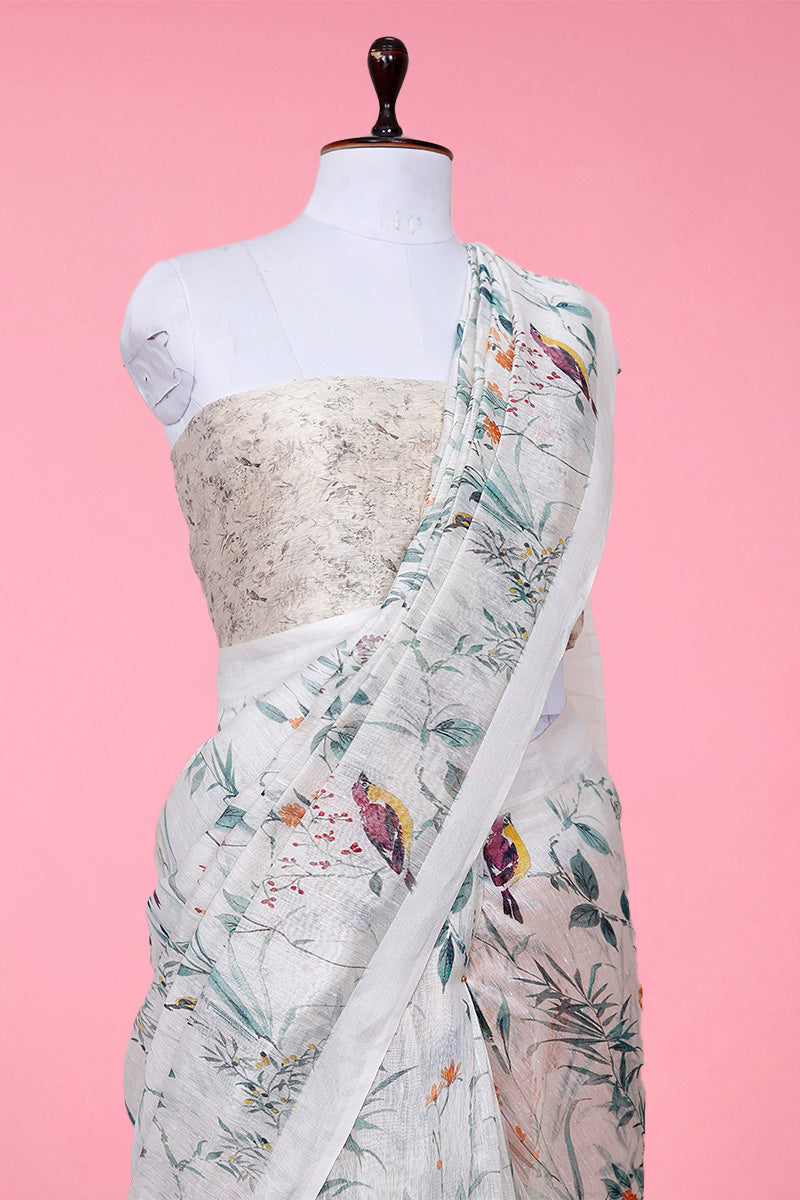 Inflorescence White Digital Printed Linen Saree - Chinaya Banaras