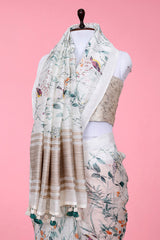 Inflorescence White Digital Printed Linen Saree
