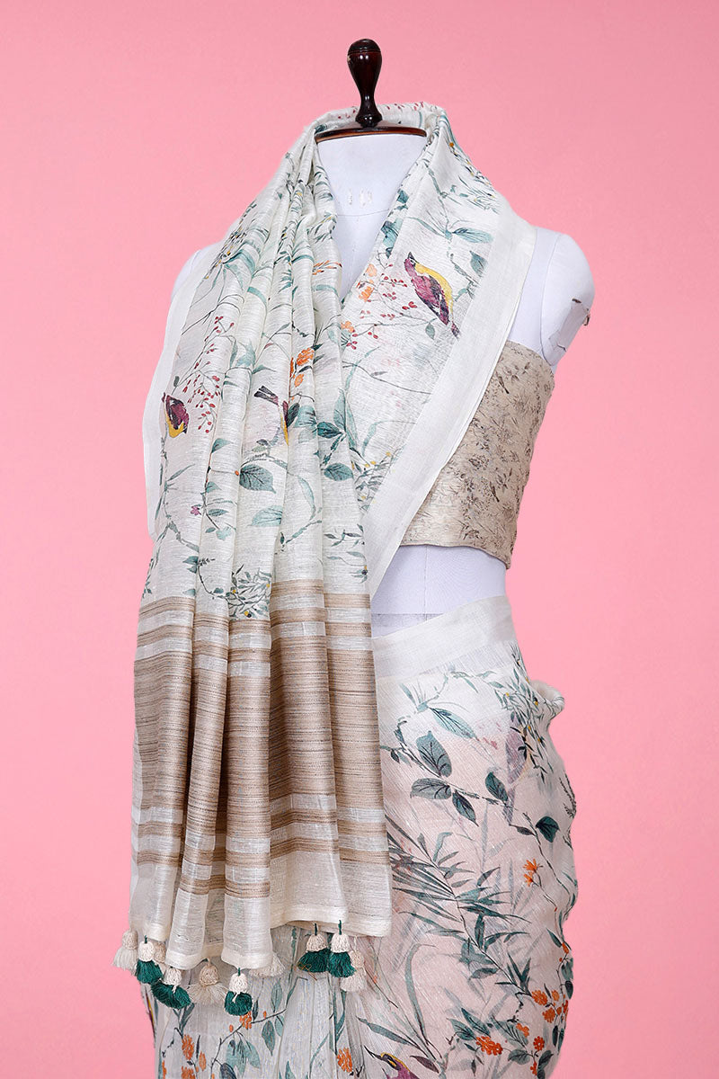 Inflorescence White Digital Printed Linen Saree - Chinaya Banaras