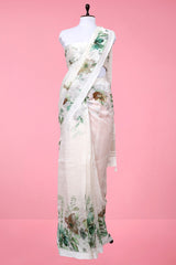 Snowy White Floral Digital Printed Linen Saree