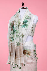 Snowy White Floral Digital Printed Linen Saree
