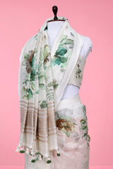 Snowy White Floral Digital Printed Linen Saree - Chinaya Banaras