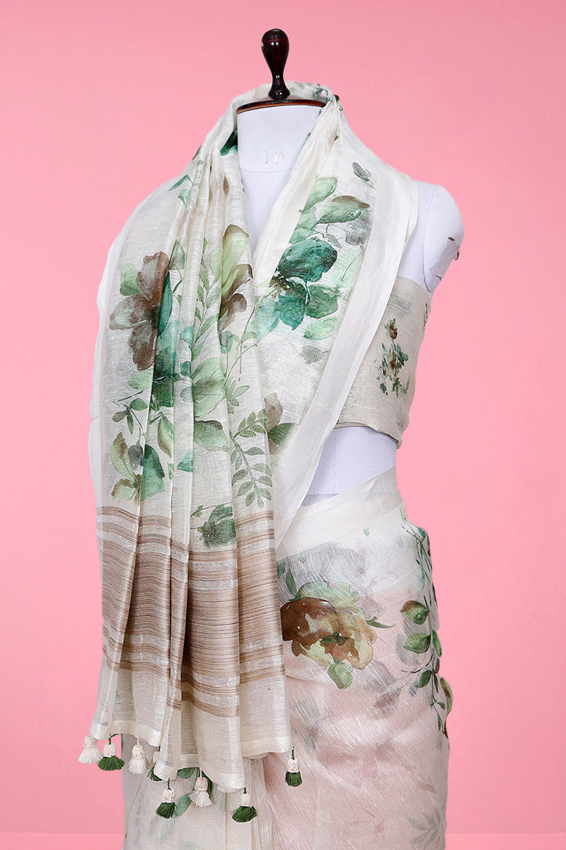Snowy White Floral Digital Printed Linen Saree