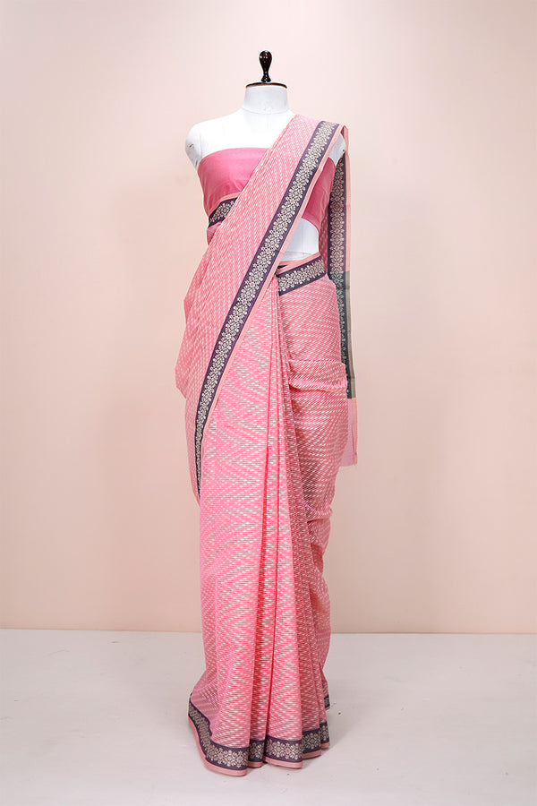 Geranium Pink Striped Woven Banarasi Cotton Saree  By Chinaya Banaras