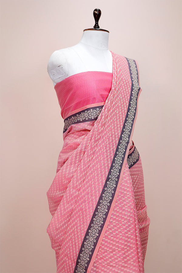 Geranium Pink Striped Woven Banarasi Cotton Saree