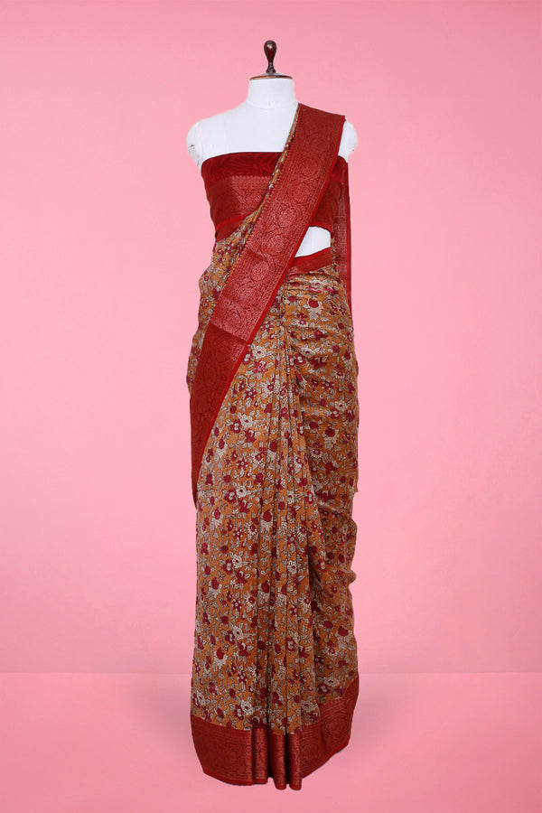 Timeless Mustard Yellow Block Printed Chanderi Silk Saree By Chinaya Banaras