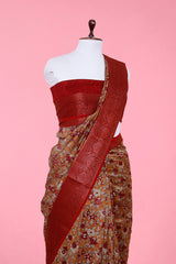 Mustard Yellow Floral Printed Chanderi Silk Saree