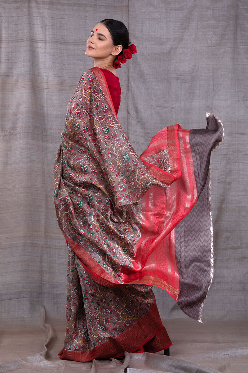 Grey Floral Printed Chanderi Silk Saree