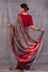 Grey Floral Printed Chanderi Silk Saree