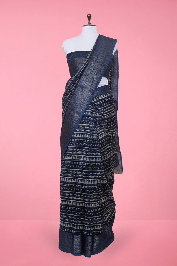 Navy Blue Geometrical Printed Chanderi Silk Saree