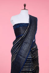 Navy Blue Geometrical Printed Chanderi Silk Saree